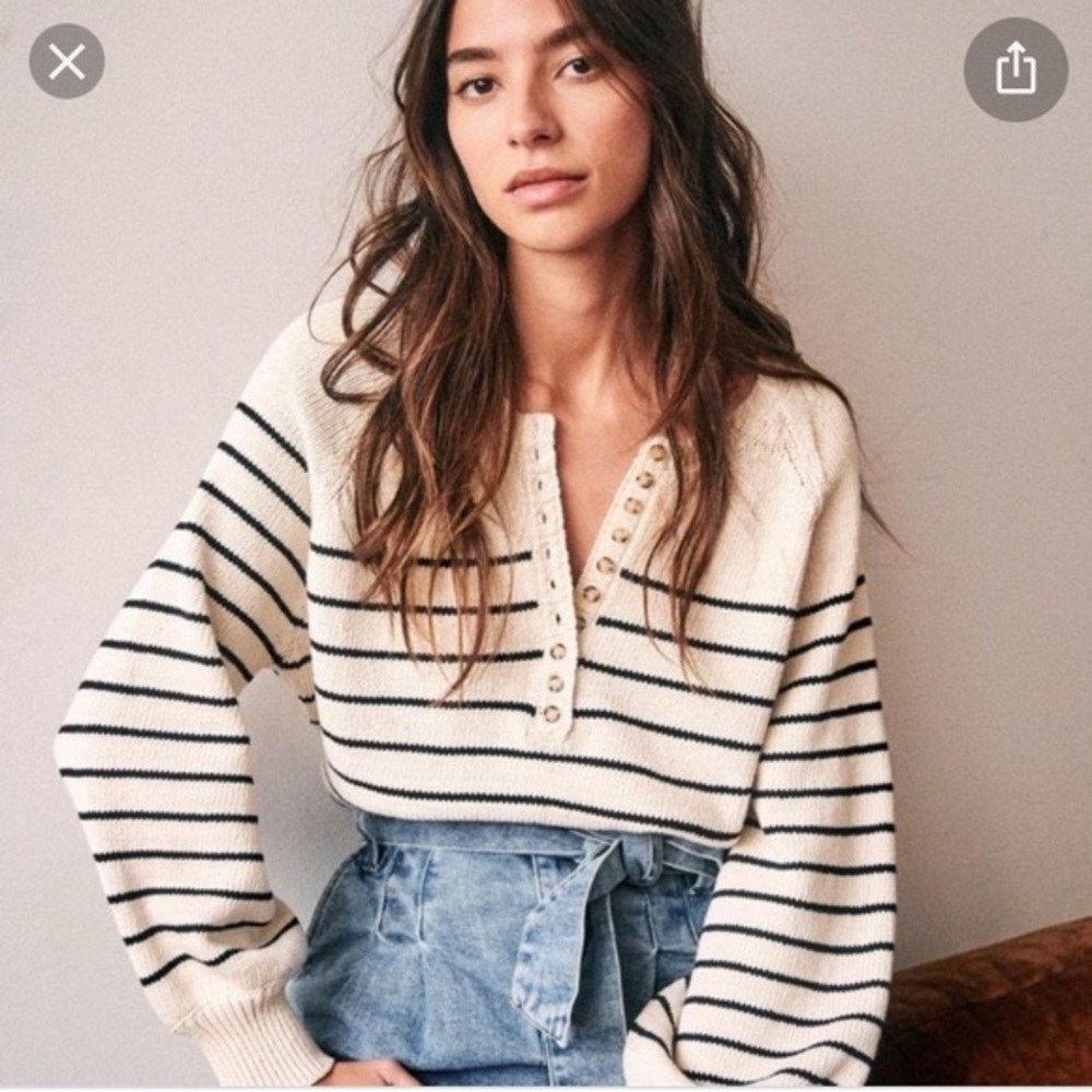Sézane Leontine Jumper - Marinière, Striped Cotton Sweater, Button Up, Cotton